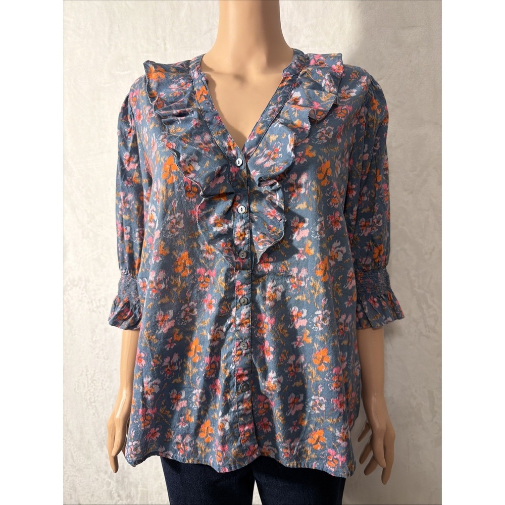 Sundance Top Women's L Bohemian Floral Blouse Button Up Cotton Ruffles